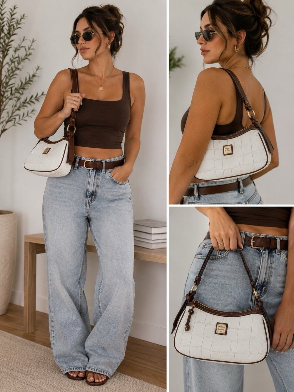 Y2K Style Dooney & Bourke Moon Pebble Brown And White Leather Mini Shoulder Bag